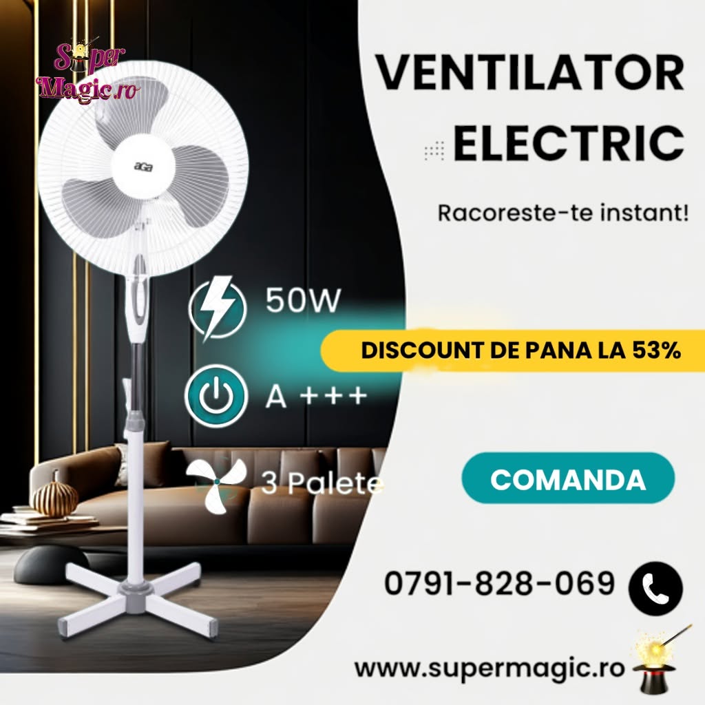 Ventilator cu Picior 50W - Rotativ de Camera, Birou - 3 Viteze, Racitor de Aer Portabil