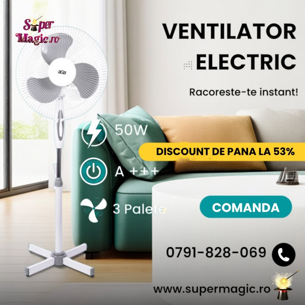 Ventilator cu Picior 50W - Rotativ de Camera, Birou - 3 Viteze, Racitor de Aer Portabil