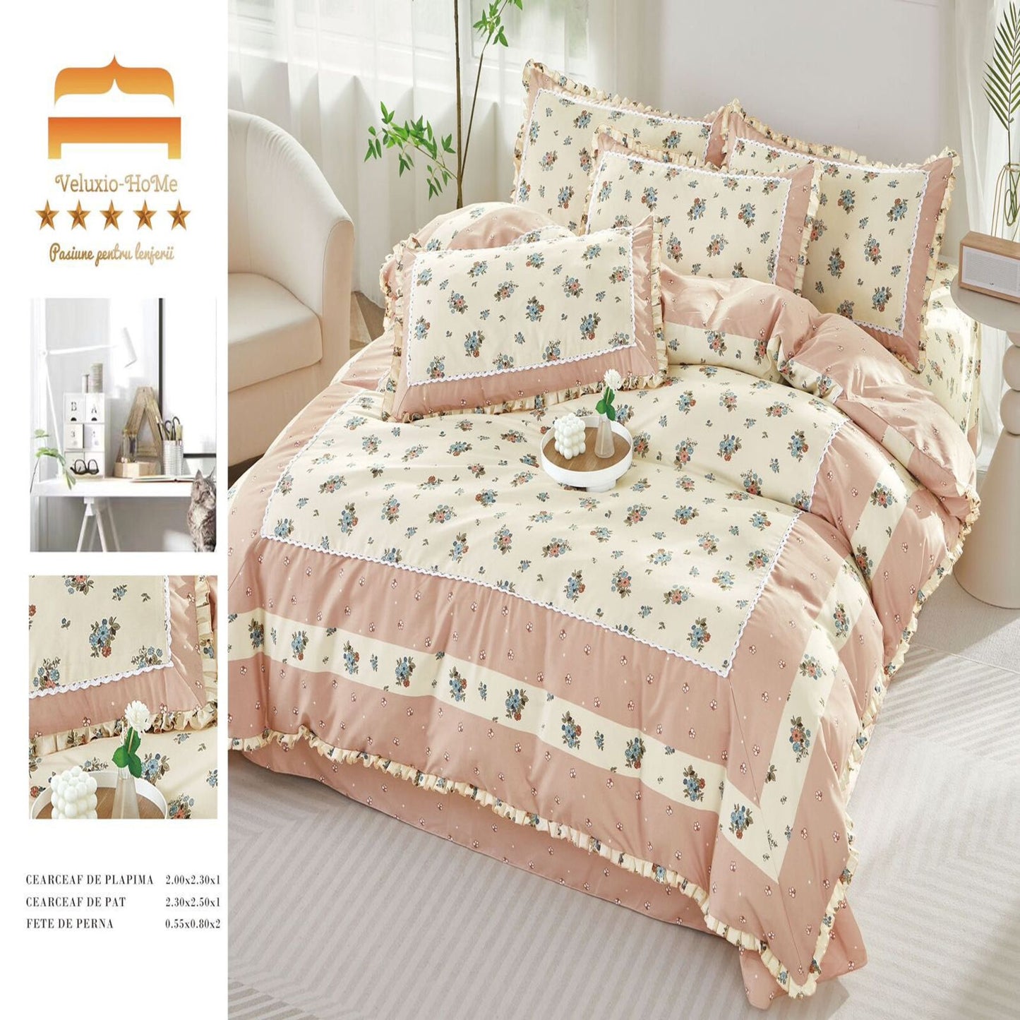 Set Lenjerie De Pat - 4 Piese, Bumbac Soft Touch cu Volanase, 2 Persoane, 200x230