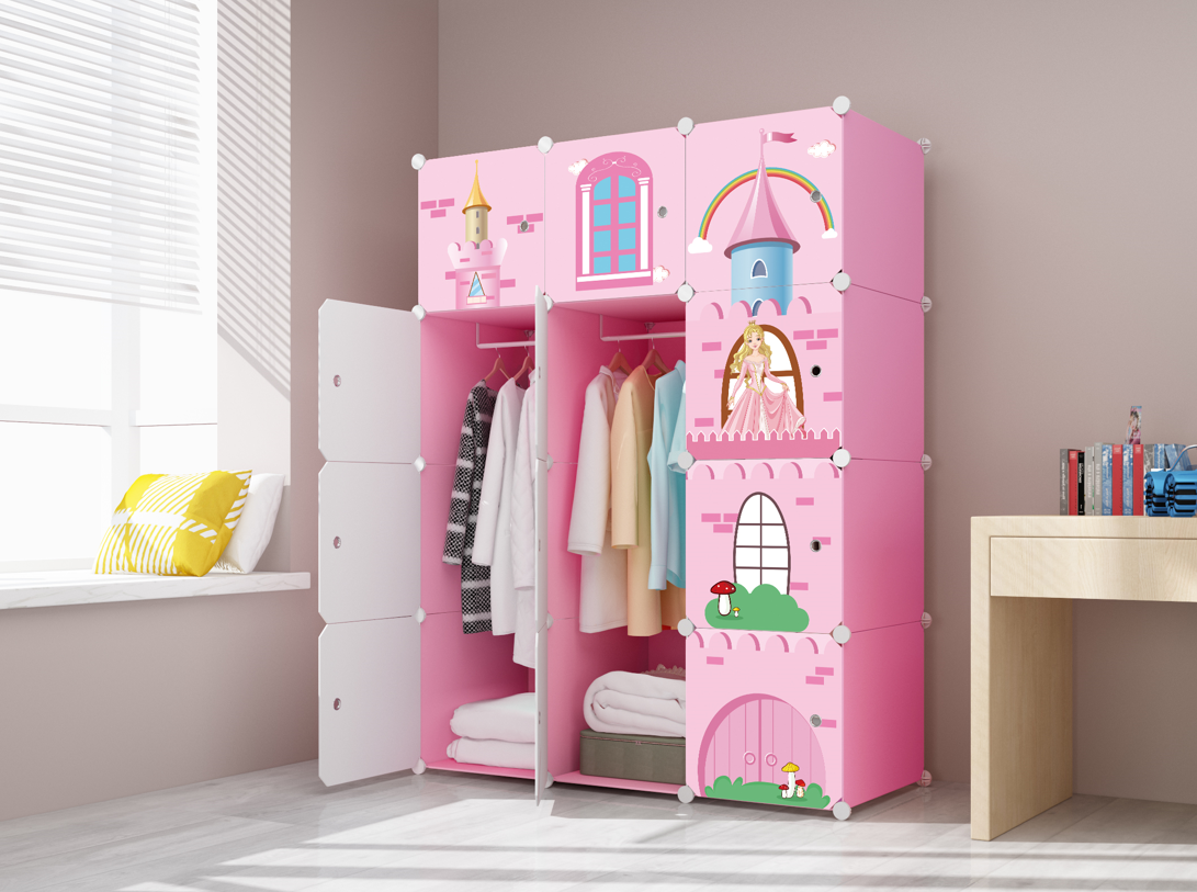 Dulap Modular Copii - 6, 8 sau 12 Rafturi, Roz Castel, Printese, Durabil si Rezistent