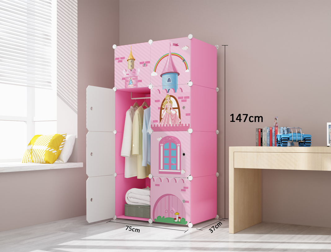 Dulap Modular Copii - 6, 8 sau 12 Rafturi, Roz Castel, Printese, Durabil si Rezistent