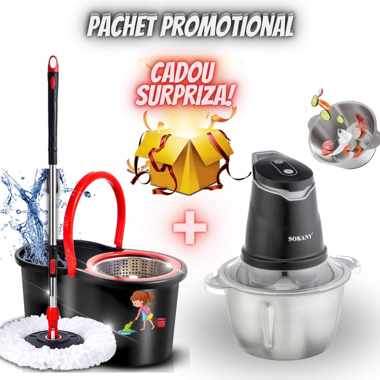 pachet mop rotativ galeata cu tocator electric inox