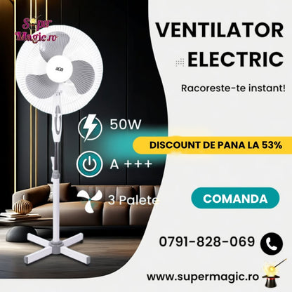 Ventilator cu Picior 50W - Rotativ de Camera, Birou - 3 Viteze, Racitor de Aer Portabil