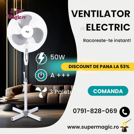 Ventilator cu Picior 50W - Rotativ de Camera, Birou - 3 Viteze, Racitor de Aer Portabil