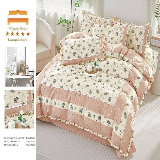 Set Lenjerie De Pat - 4 Piese, Bumbac Soft Touch cu Volanase, 2 Persoane, 200x230