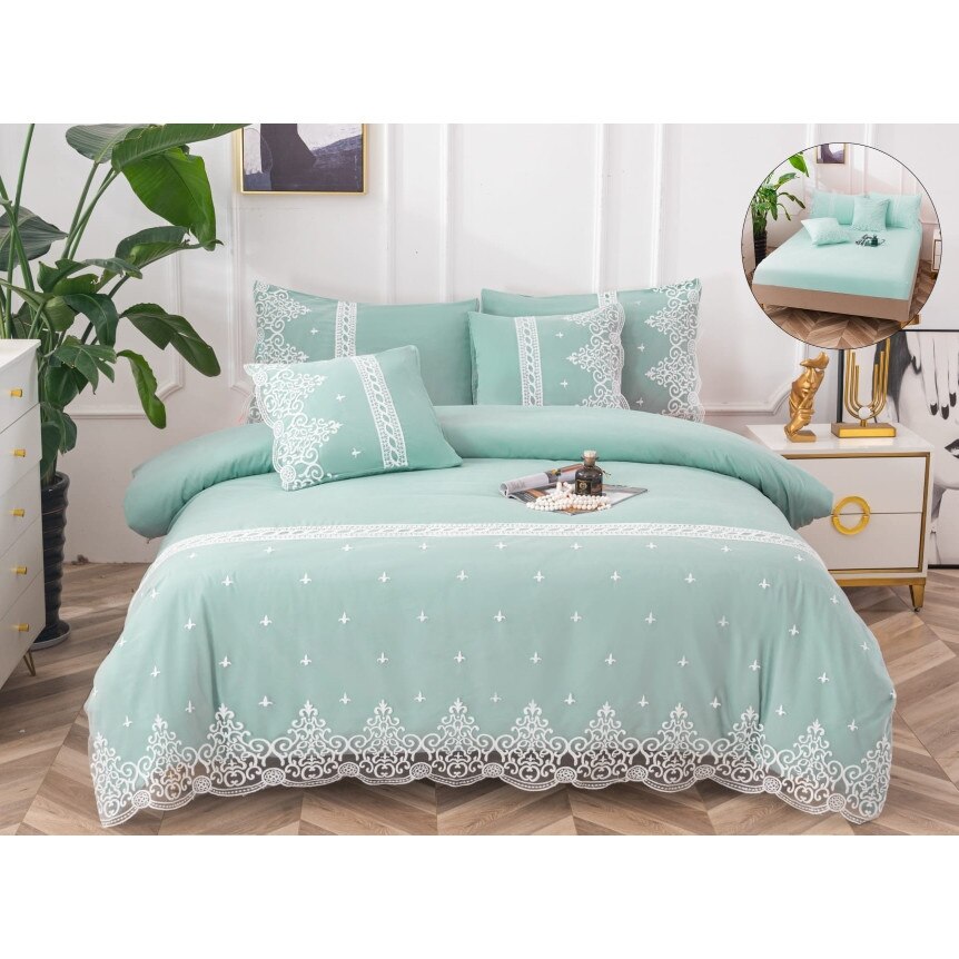 Set Lenjerie De Pat - 6 Piese, Bumbac, Broderie si Dantela Eleganta, 2 Persoane, 200x230