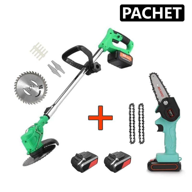 Pachet Promo: Motocoasa Electrica 800W 2 Baterii + MiniDrujba 2 Lanturi cu 2 Acumulatori